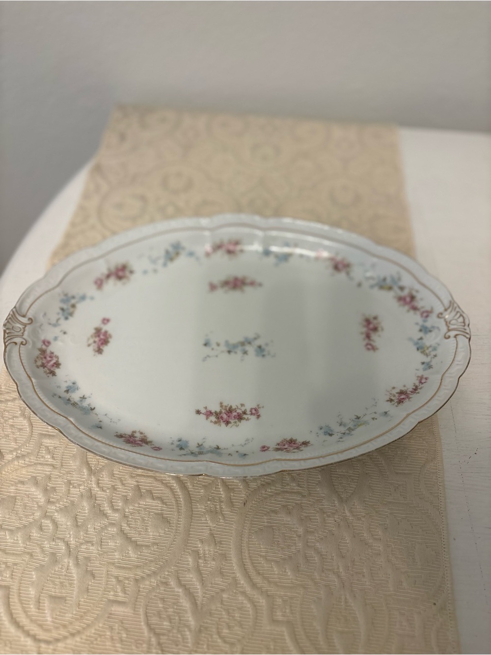 Vintage Z Scherzer & Co Bavaria 13” Oval Serving Platter Pink Roses Blue flowers